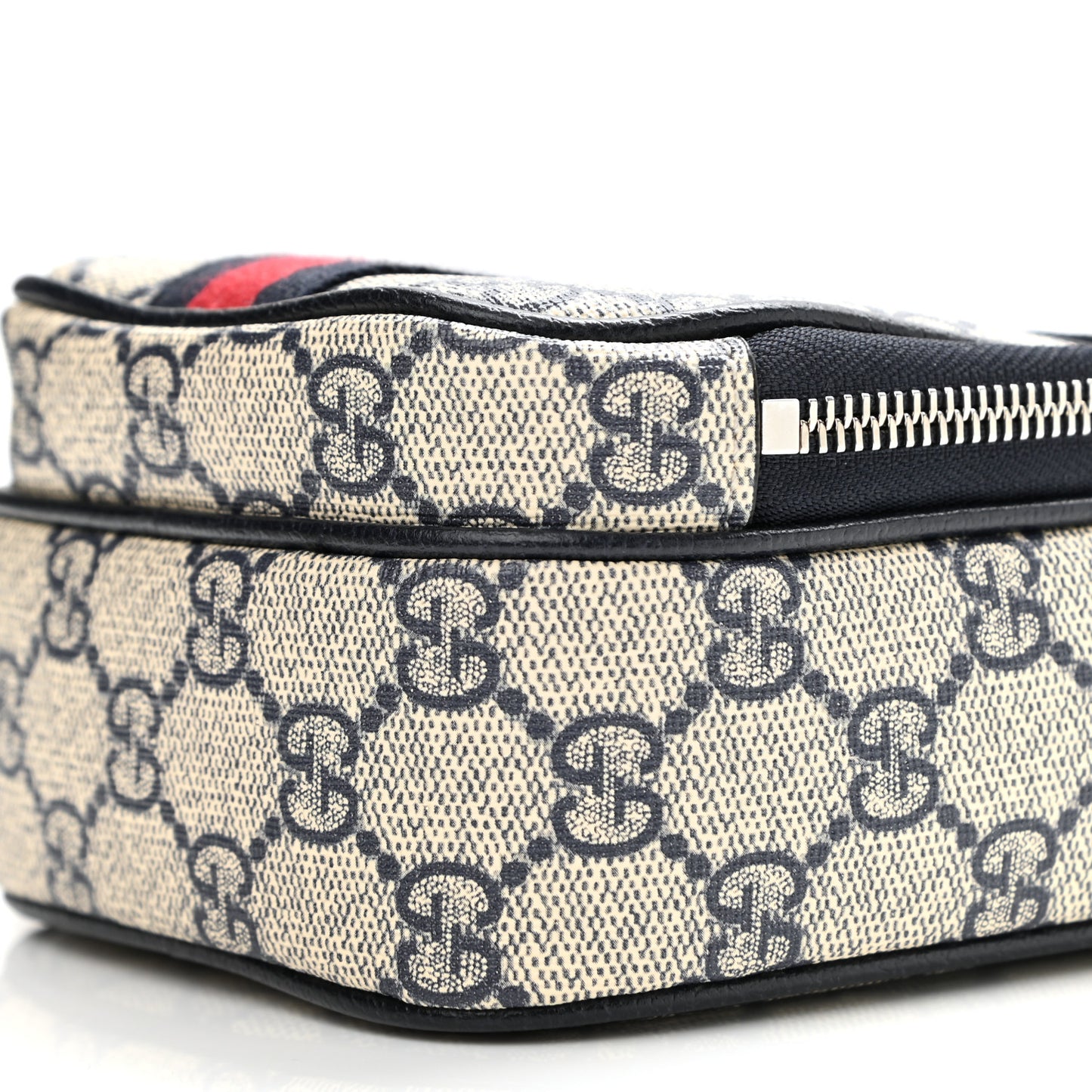 GG Supreme Monogram Textured Dollar Calfskin Web Mini Ophidia Double Zip Messenger Bag Beige Blue