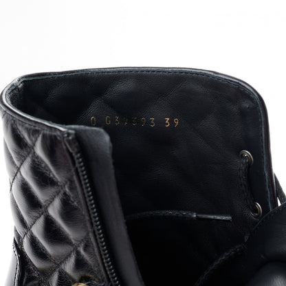 Chanel Shiny Calfskin Patent Quilted Chain Lace Up Combat Boots 39 Black 7 of 9