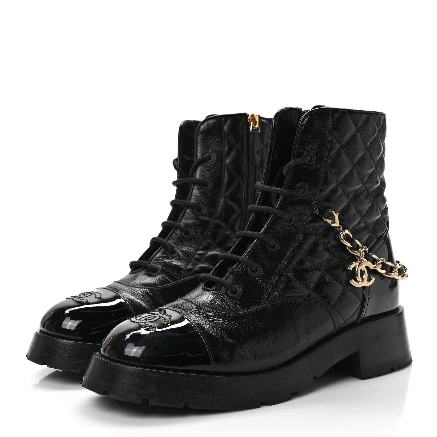 Chanel Shiny Calfskin Patent Quilted Chain Lace Up Combat Boots 39 Black 3 of 7