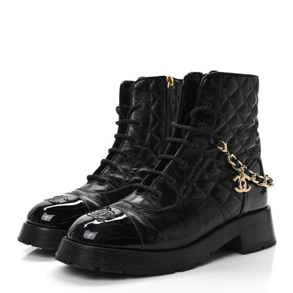 Chanel Shiny Calfskin Patent Quilted Chain Lace Up Combat Boots 39 Black 3 of 7