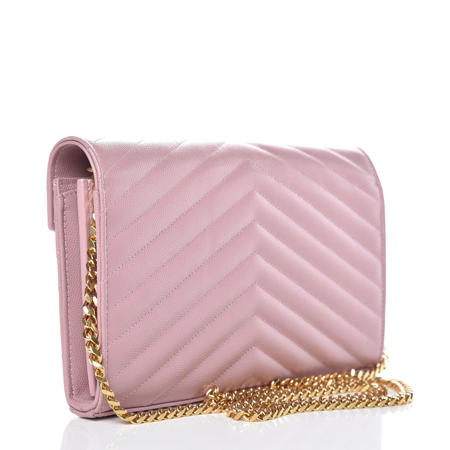 Saint Laurent Grain De Poudre Matelasse Chevron Monogram Chain Wallet Pink 3 of 8