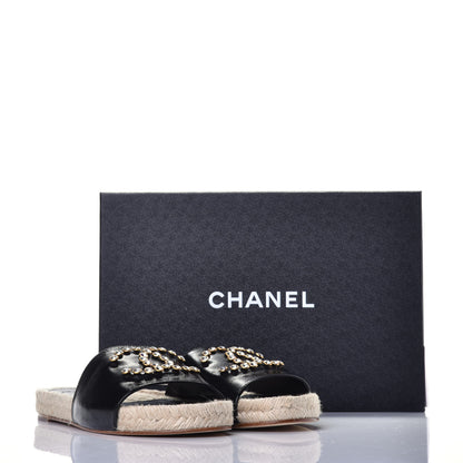 Chanel Patent Calfskin Crystal CC Espadrille Slip On Sandals 39 Black 9 of 9
