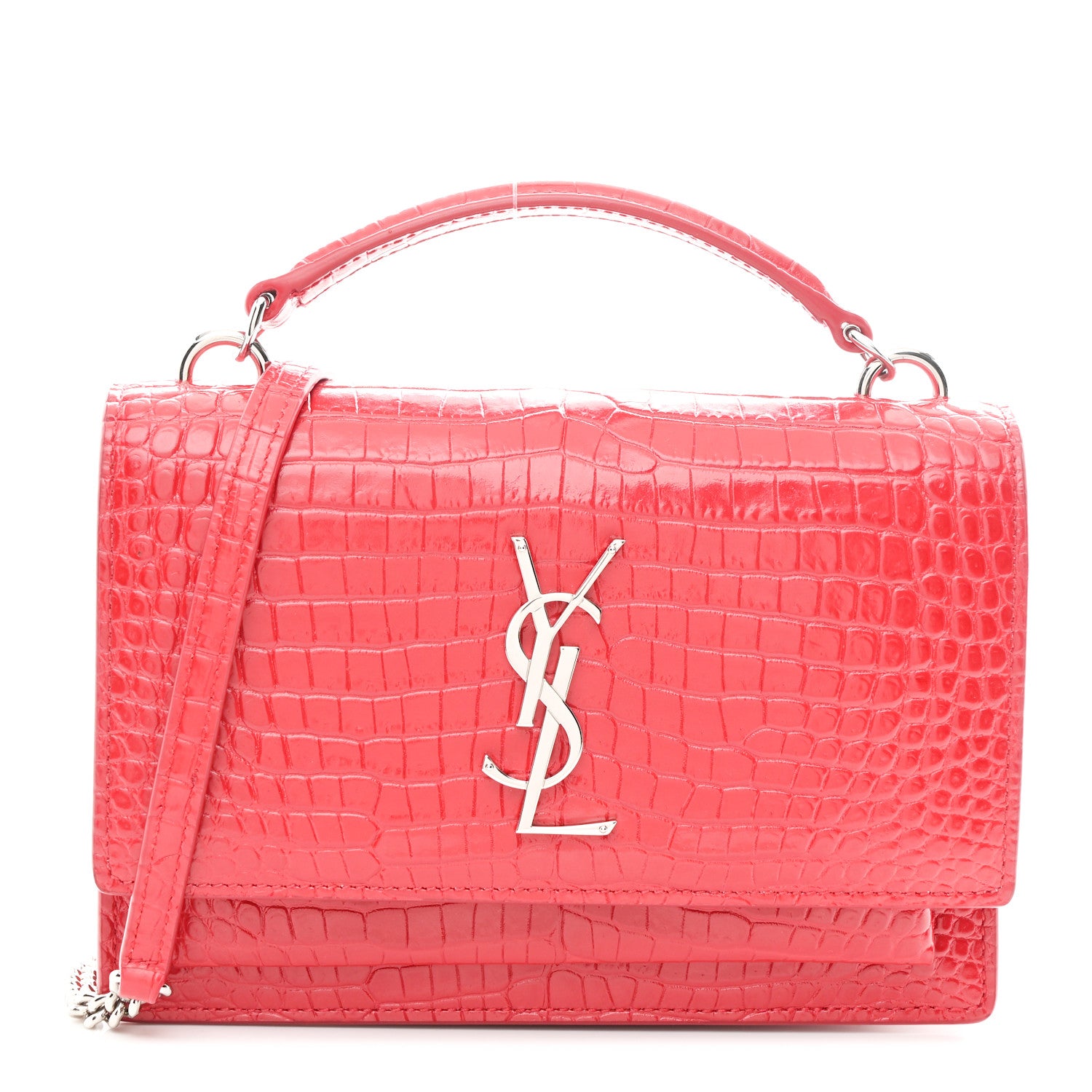 Saint Laurent Calfskin Crocodile Embossed Monogram Sunset Chain Wallet Rouge Eros 1 of 9