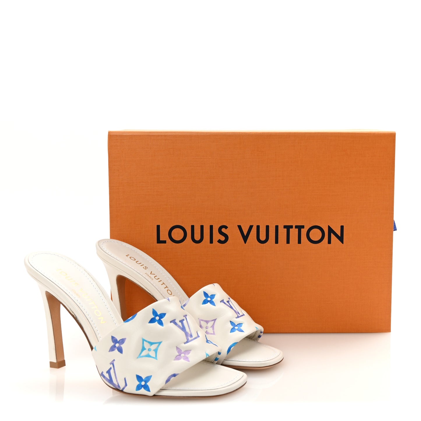 Lambskin Embossed Monogram By The Pool Revival High Heel Mules 38 White Blue Purple