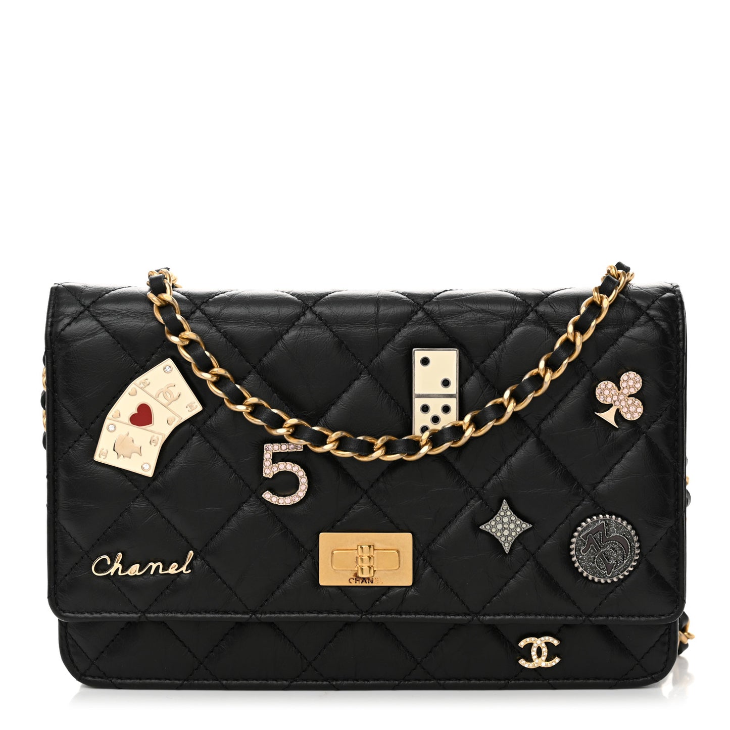 Aged Calfskin Lucky Charms Casino 2.55 Reissue Wallet on Chain WOC Black