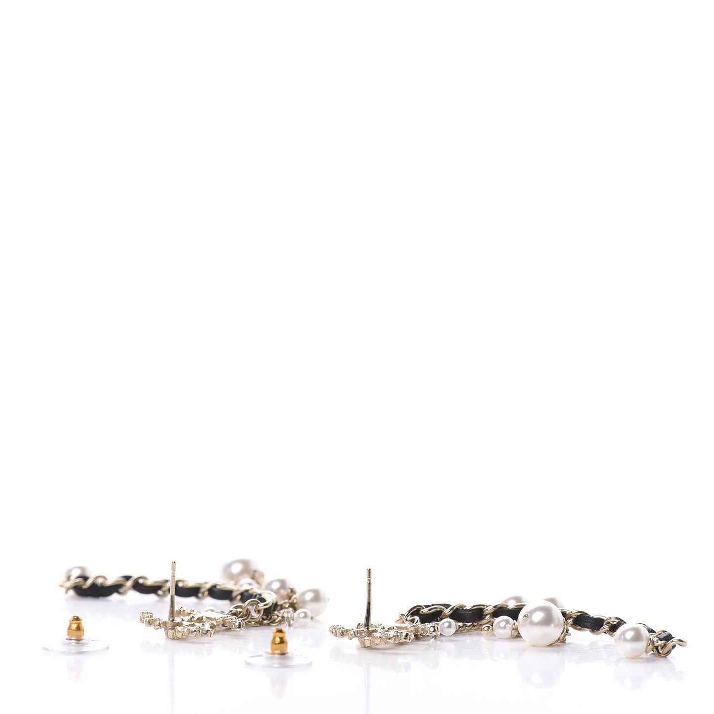 Pearl Crystal Lambskin Chain CC Dangle Earrings Gold