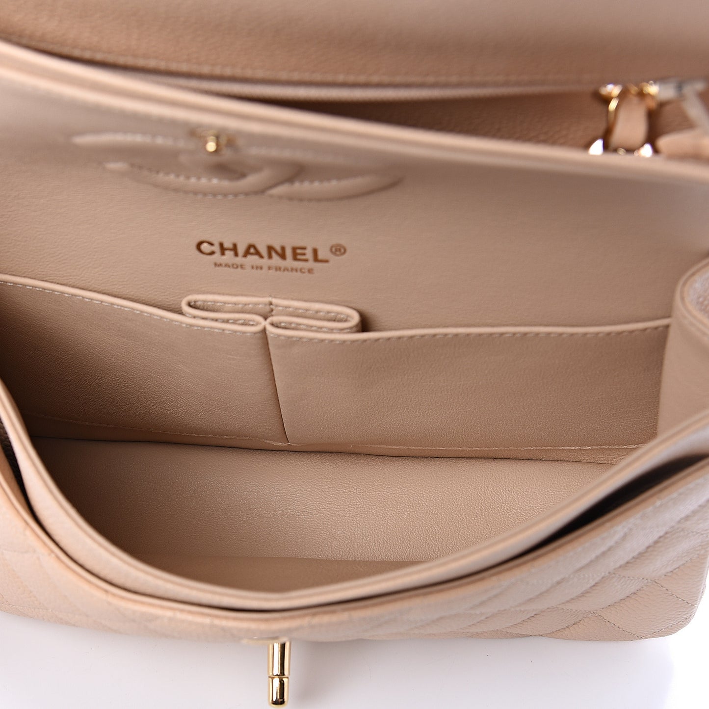 Caviar Quilted Medium Double Flap Beige Clair