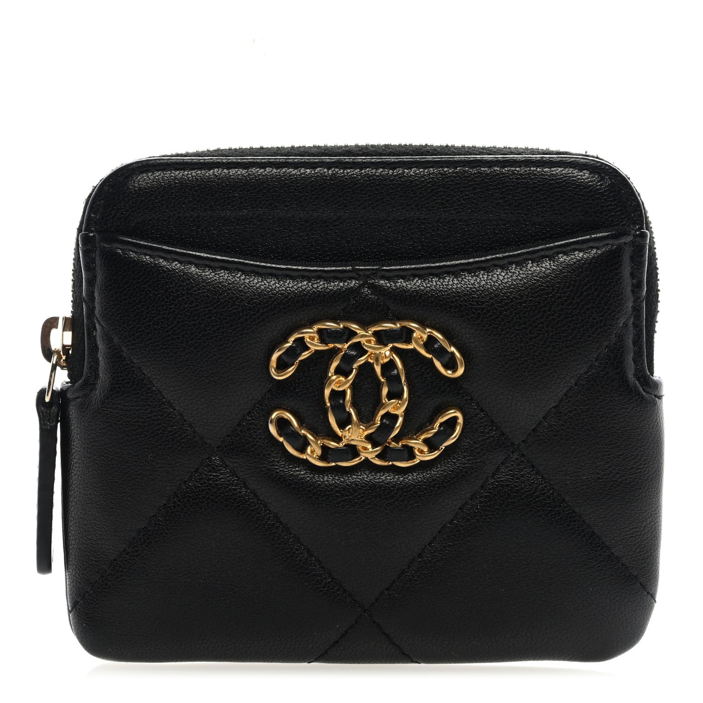 Lambskin Quilted Chanel 19 Zip Card Holder Wallet Black