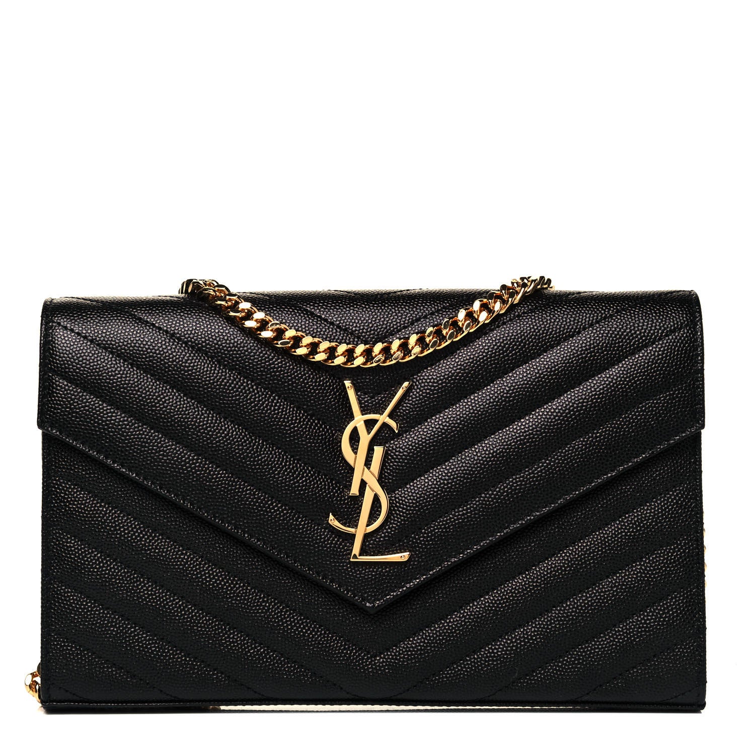 Saint Laurent Grain De Poudre Matelasse Chevron Monogram Chain Wallet Black 1 of 8