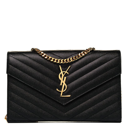 Saint Laurent Grain De Poudre Matelasse Chevron Monogram Chain Wallet Black 1 of 8