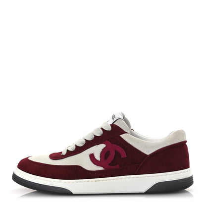 Chanel Suede Kidskin Womens CC Sneakers 38.5 Burgundy White 1 of 11