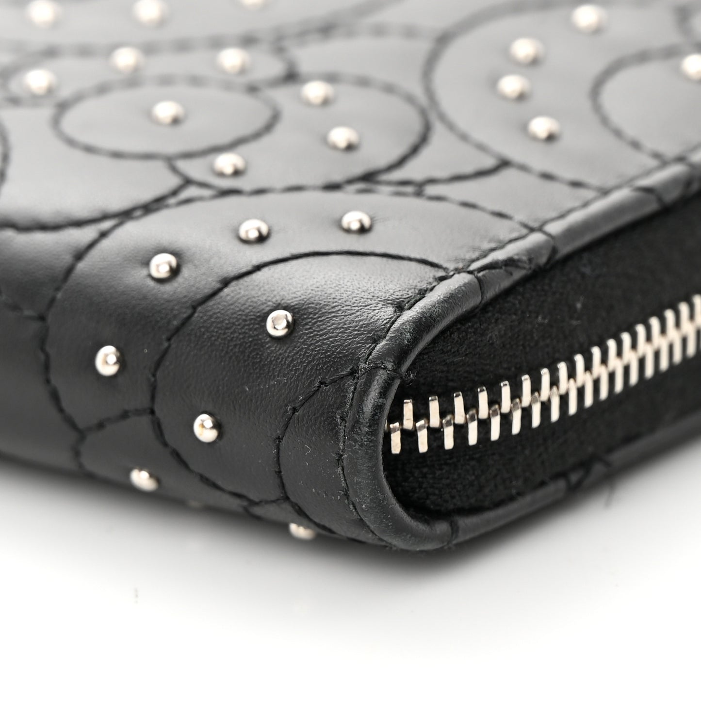 Lambskin Camellia Studded Medium Gusset Zip Around Wallet Black