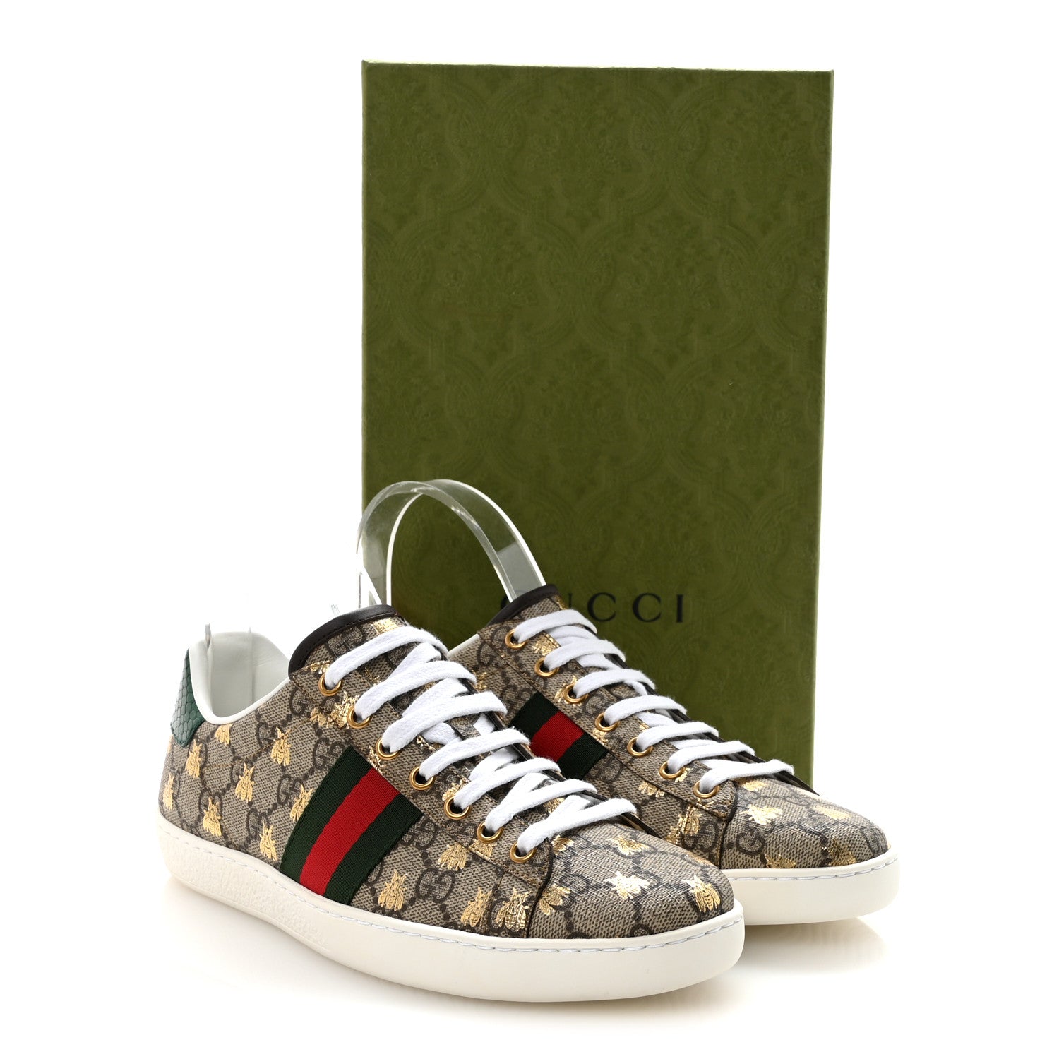 Gucci GG Supreme Monogram Bees Ayers Web Womens Ace Sneakers 38.5 Beige Oro Green Red 10 of 10