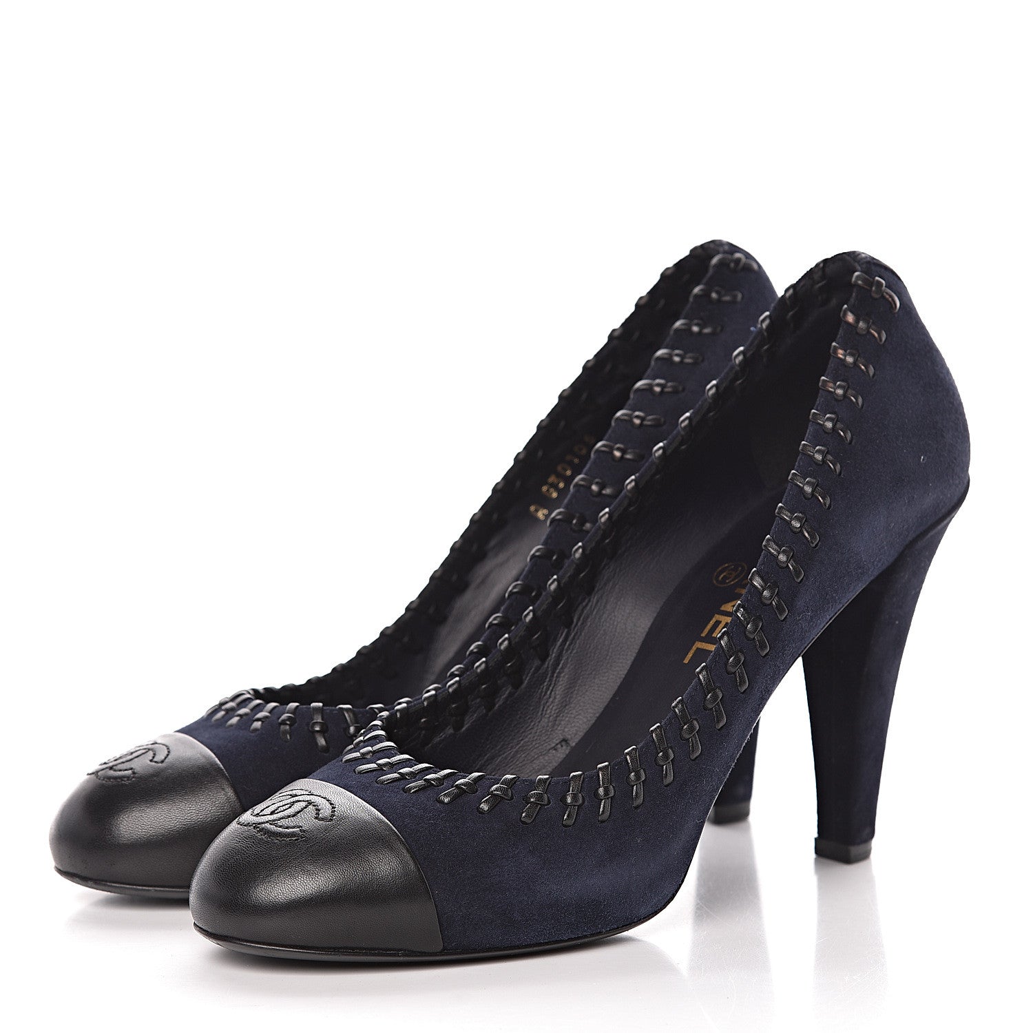 Chanel Suede Lambskin Cap Toe Pumps 39 Navy Black 3 of 13