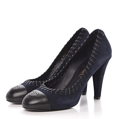 Chanel Suede Lambskin Cap Toe Pumps 39 Navy Black 3 of 13