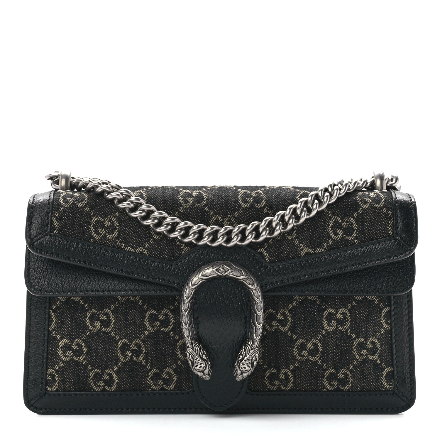 Gucci Jacquard Black Denim GG Monogram Textured Dollar Calfskin Small Dionysus Shoulder Bag Black Ivory 1 of 13