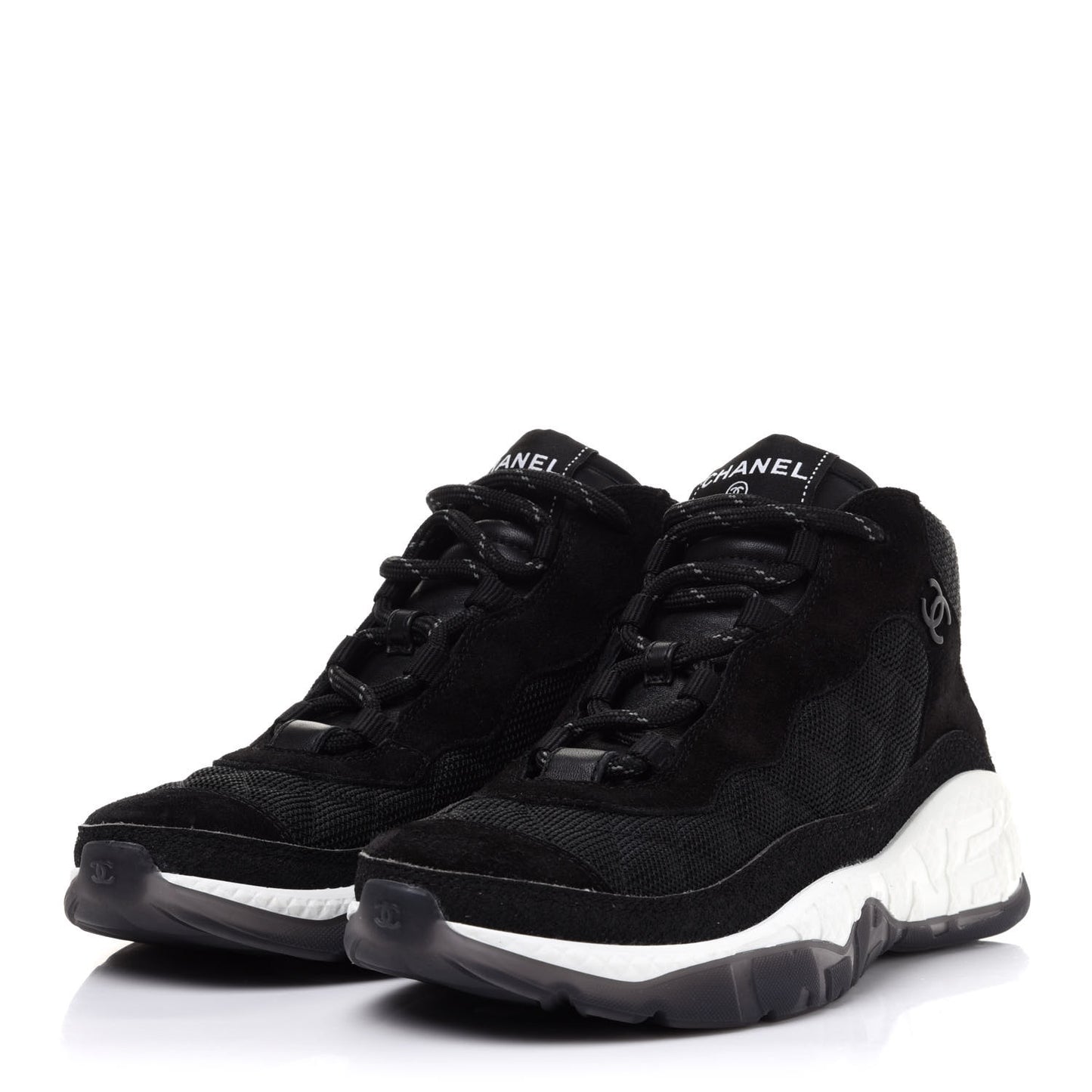 Fabric Suede Calfskin Womens CC Sneakers 38 Black White