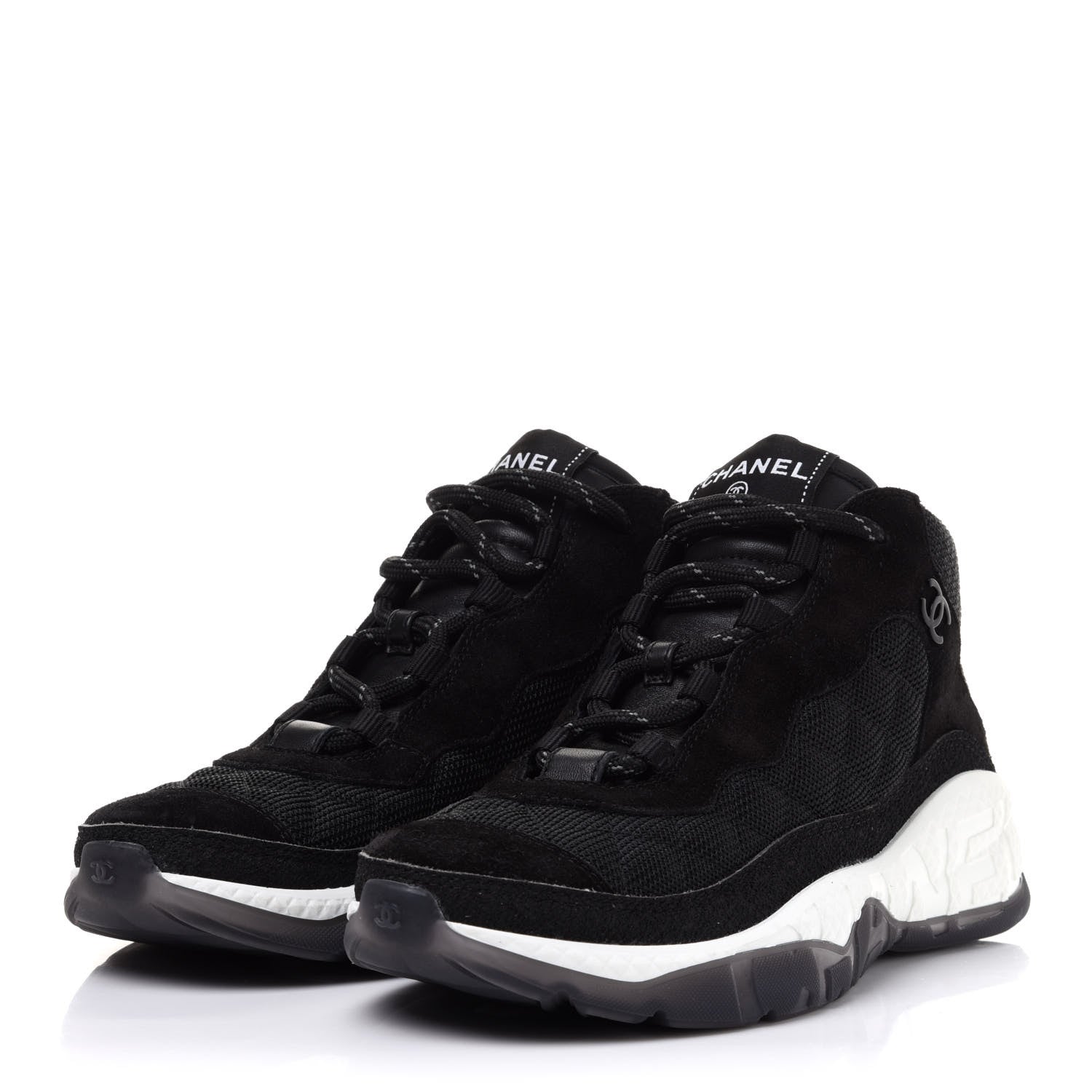 Chanel Fabric Suede Calfskin Womens CC Sneakers 38 Black White 3 of 10