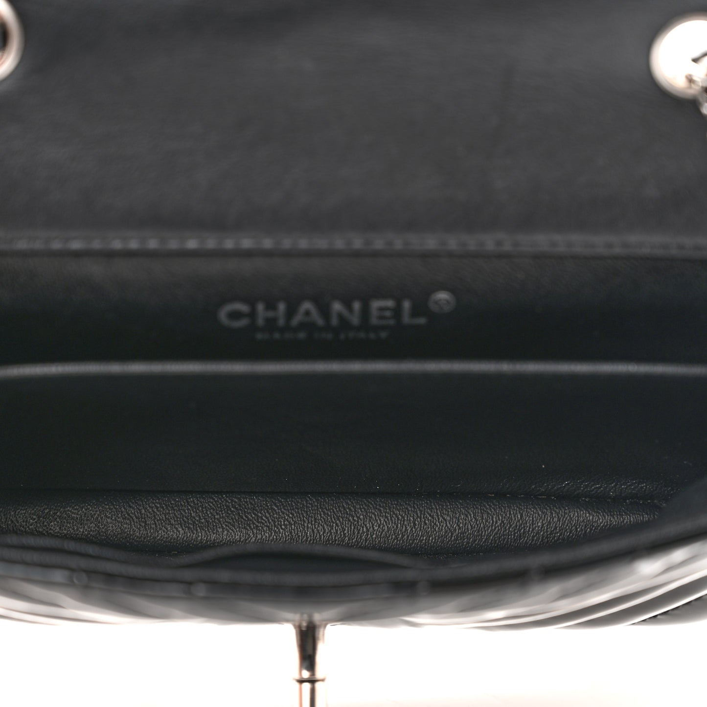 Patent Calfskin Chevron Quilted Extra Mini Flap Black