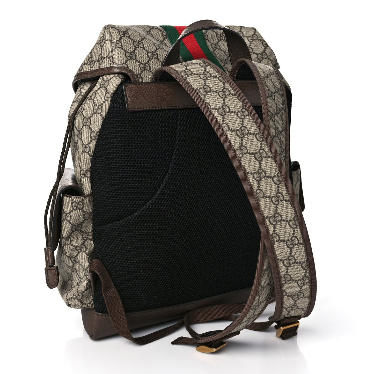 GG Supreme Monogram Medium Ophidia Double Buckle Backpack Brown