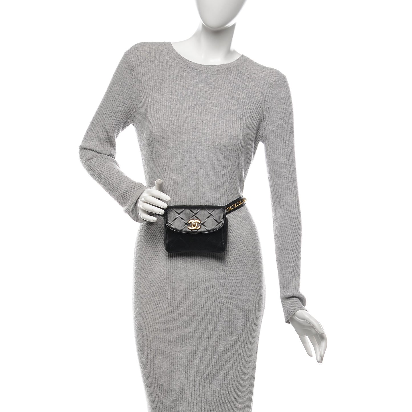 Lambskin Diamond Stitched Flap Waist Chain Belt Bag Black