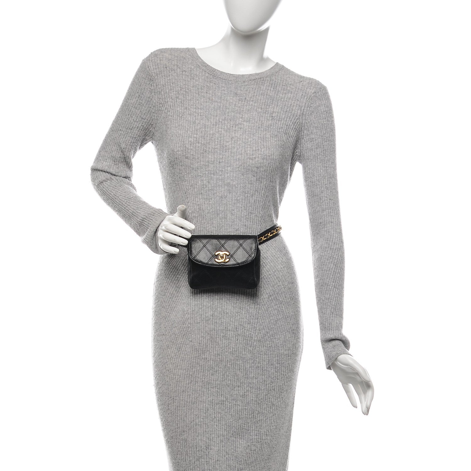 Chanel Lambskin Diamond Stitched Flap Waist Chain Belt Bag Black 2 of 10