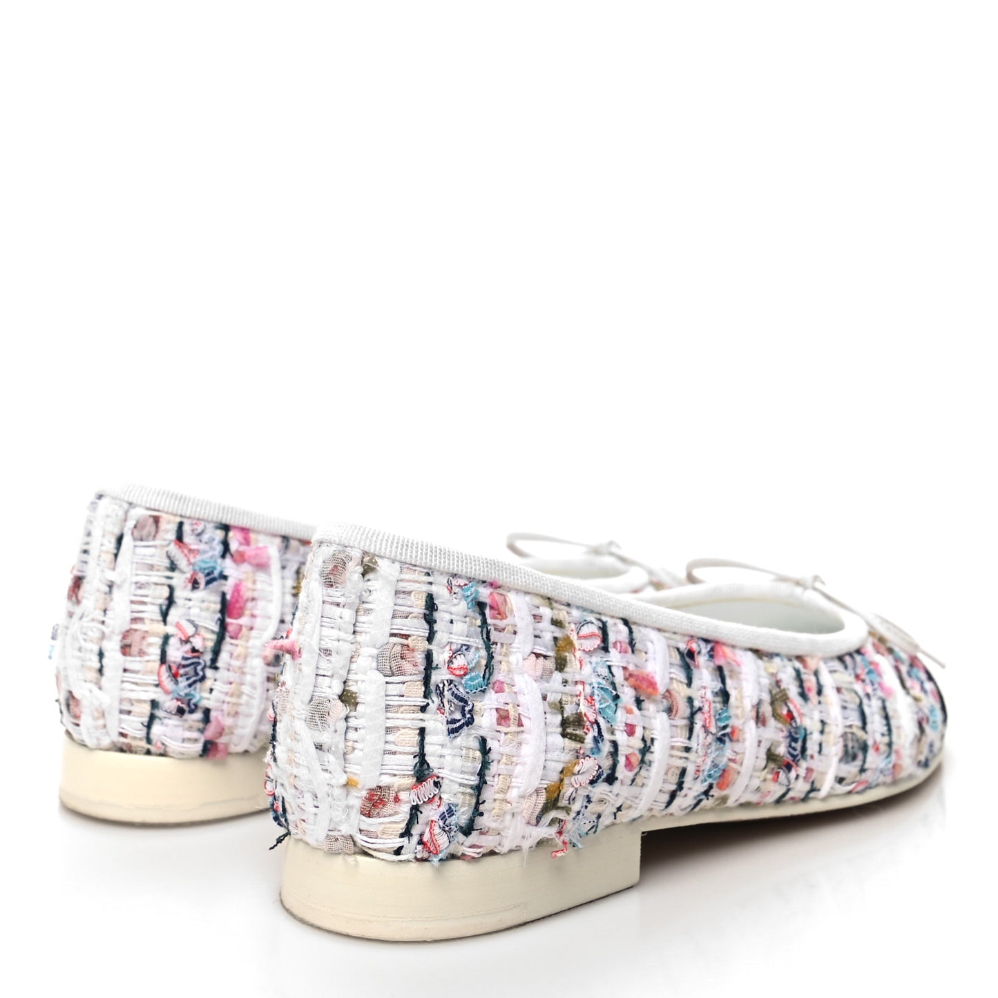 Tweed Grosgrain Cap Toe Ballerina Flats 35.5 White Black Pink