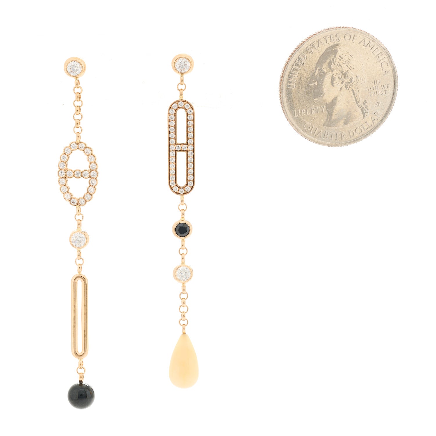 Hermes 18K Rose Gold Diamond Black Jade Pink Opal Chaine Chaos Drop Earrings 2 of 4