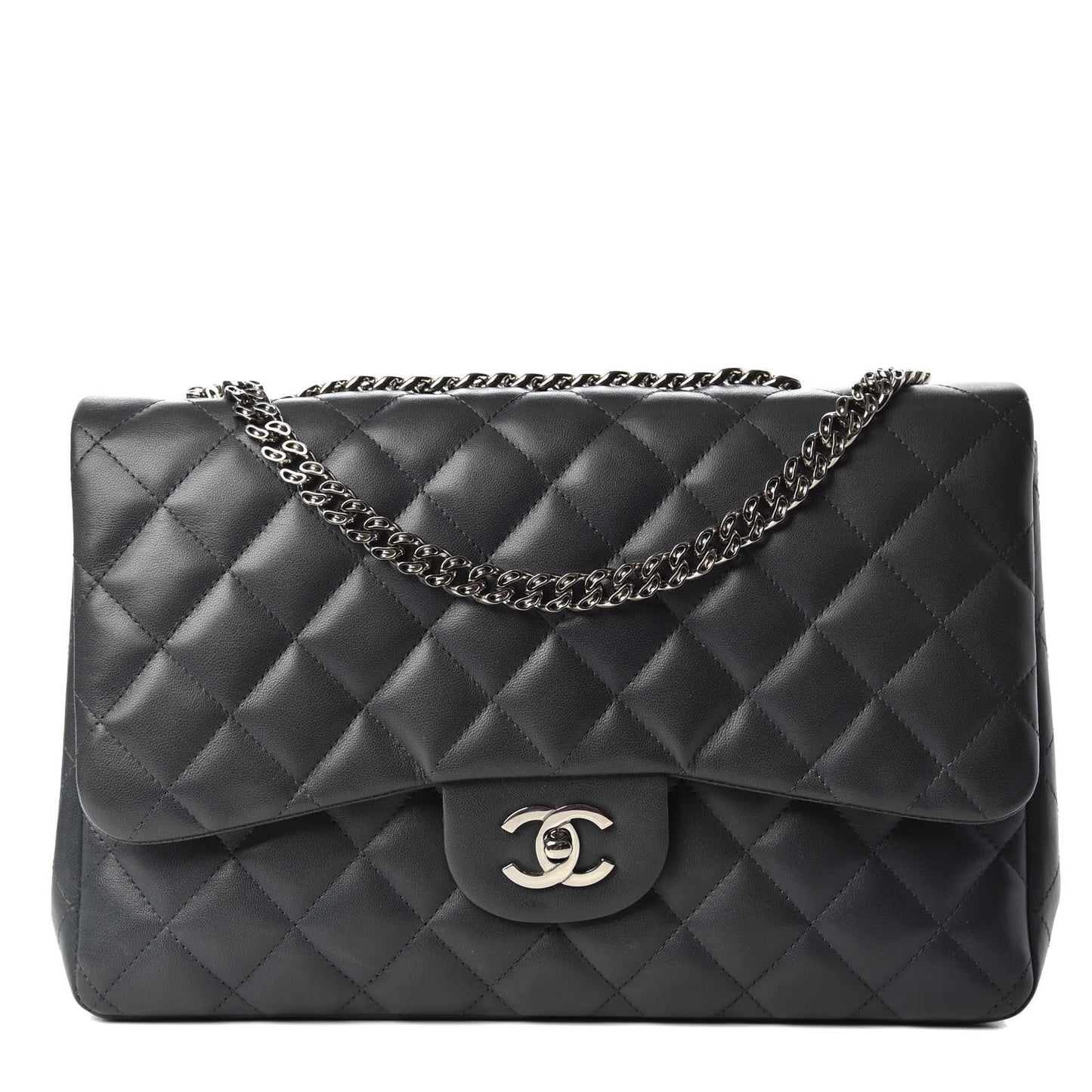 Lambskin Quilted Jumbo Single Bijoux Chain Flap Gris Fonce