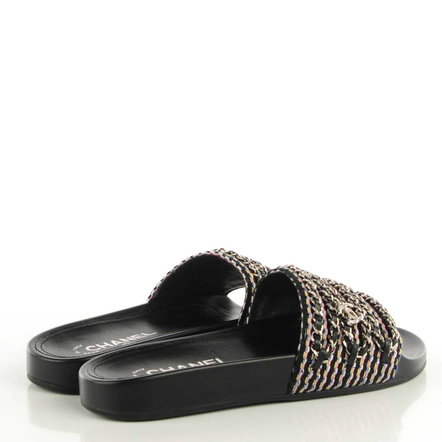 Chanel Tweed Lambskin Chain Flat Mules 37 Black Multicolor 5 of 8