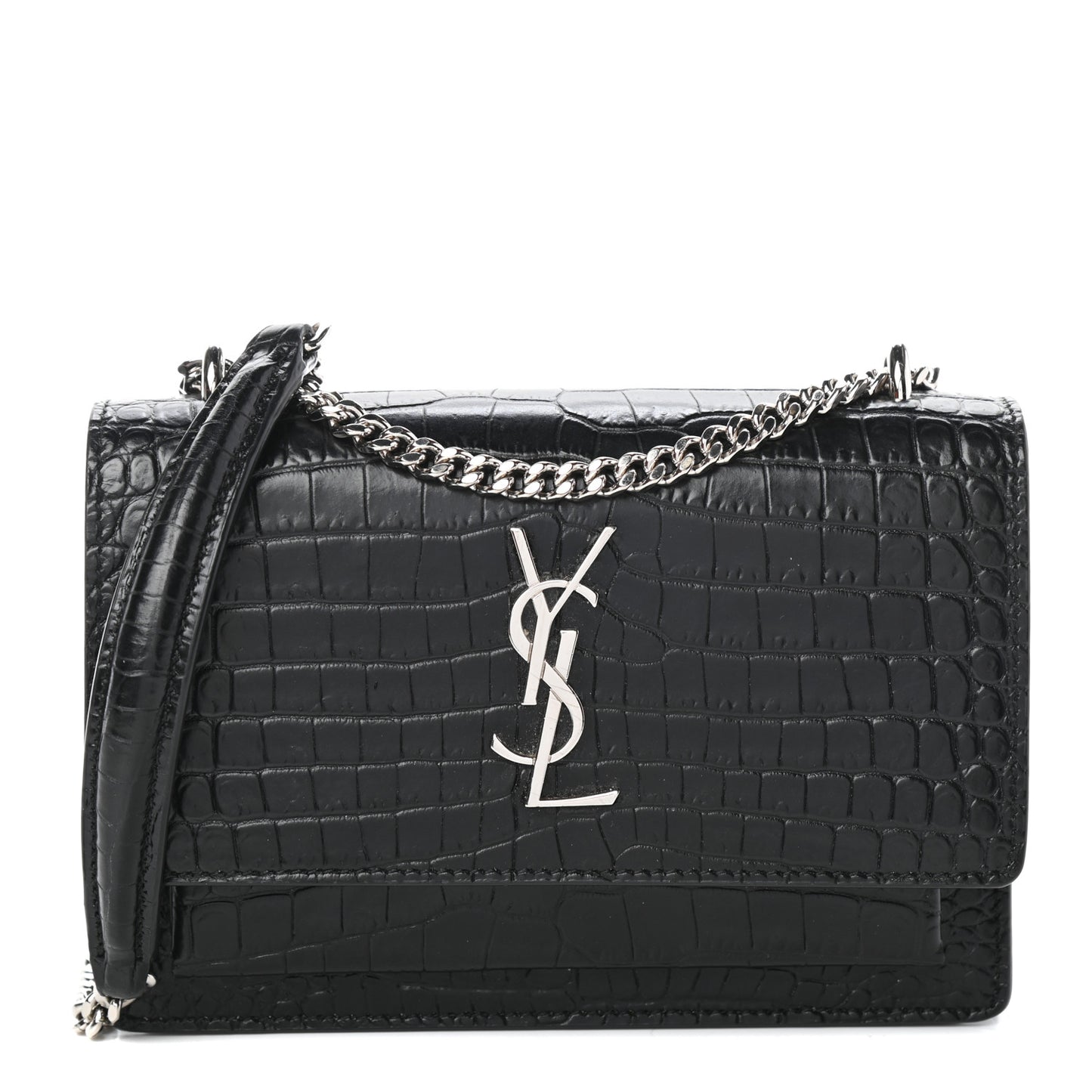 Calfskin Crocodile Embossed Monogram Sunset Chain Wallet Black