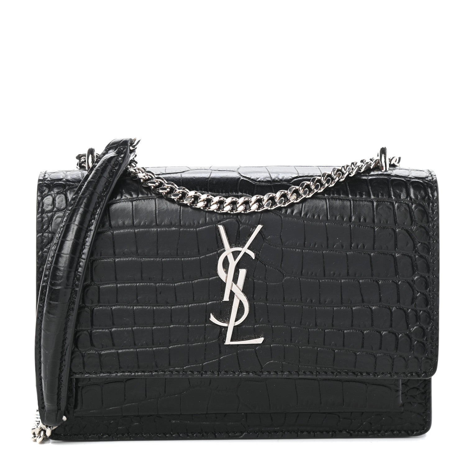 Saint Laurent Calfskin Crocodile Embossed Monogram Sunset Chain Wallet Black 1 of 8
