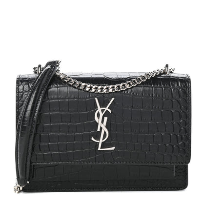 Saint Laurent Calfskin Crocodile Embossed Monogram Sunset Chain Wallet Black 1 of 8