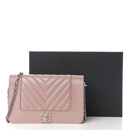 Chanel Metallic Caviar Chevron Quilted Vintage Mademoiselle Wallet On Chain WOC Pink 11 of 11