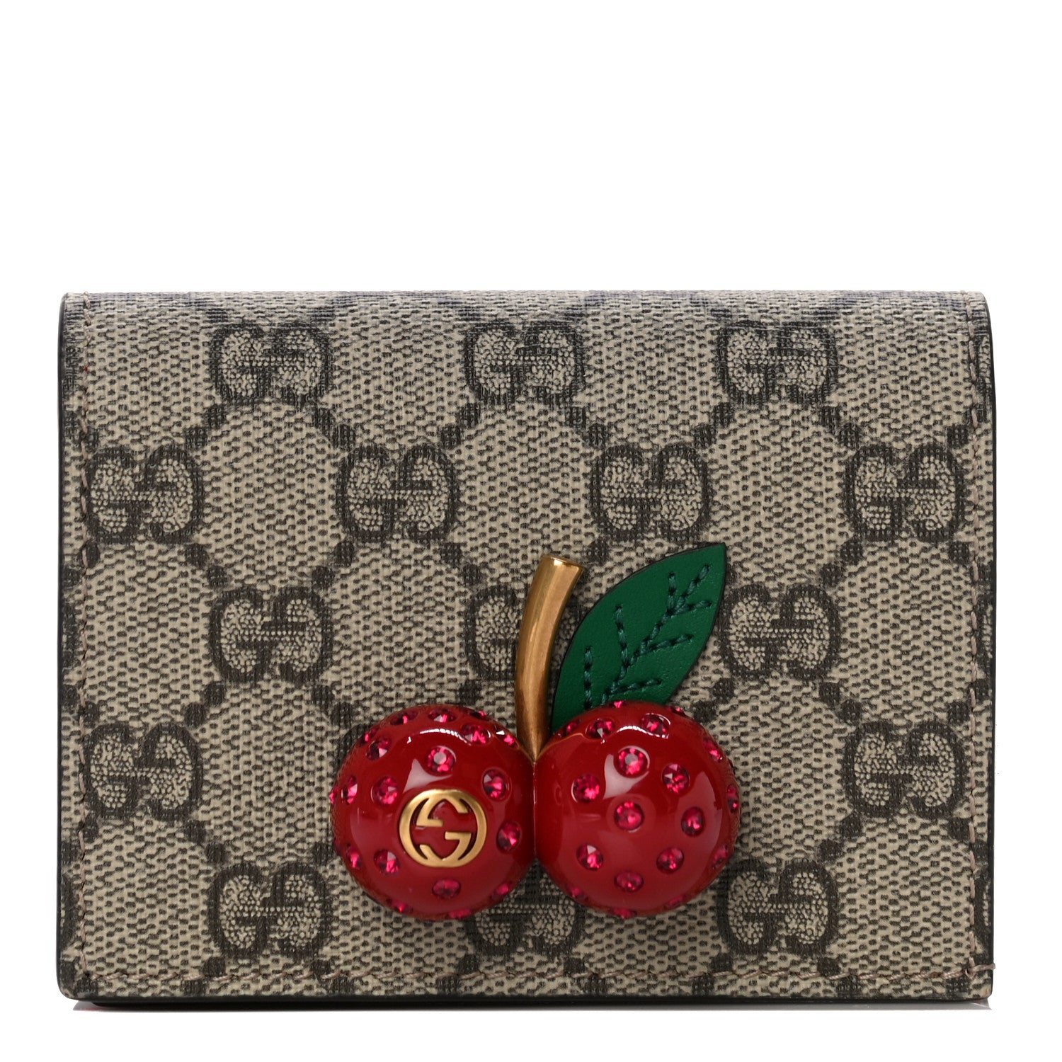 Gucci GG Supreme Monogram Cherry Embellished Card Case Wallet Hibiscus Red 1 of 9