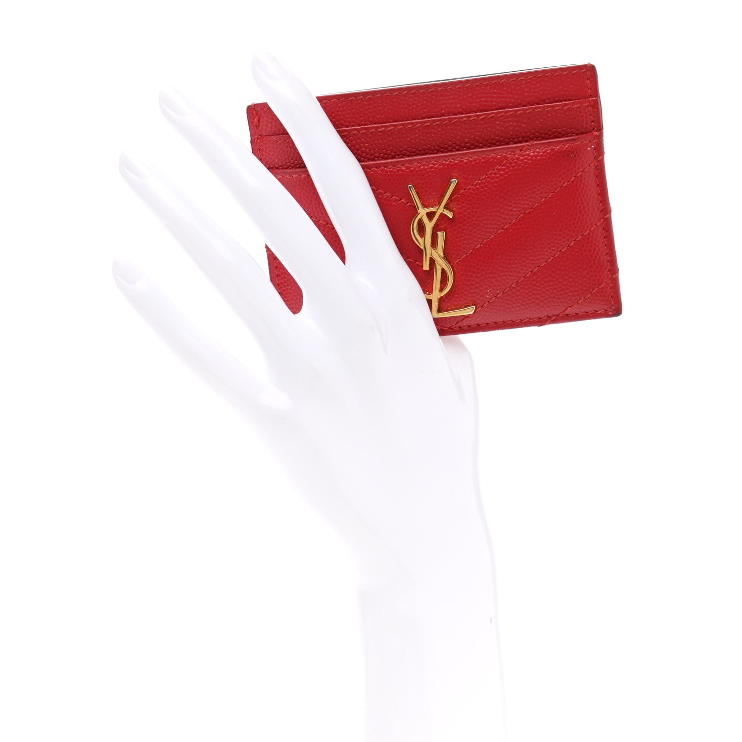 Saint Laurent Grain De Poudre Matelasse Chevron Monogram Credit Card Case New Red 2 of 12
