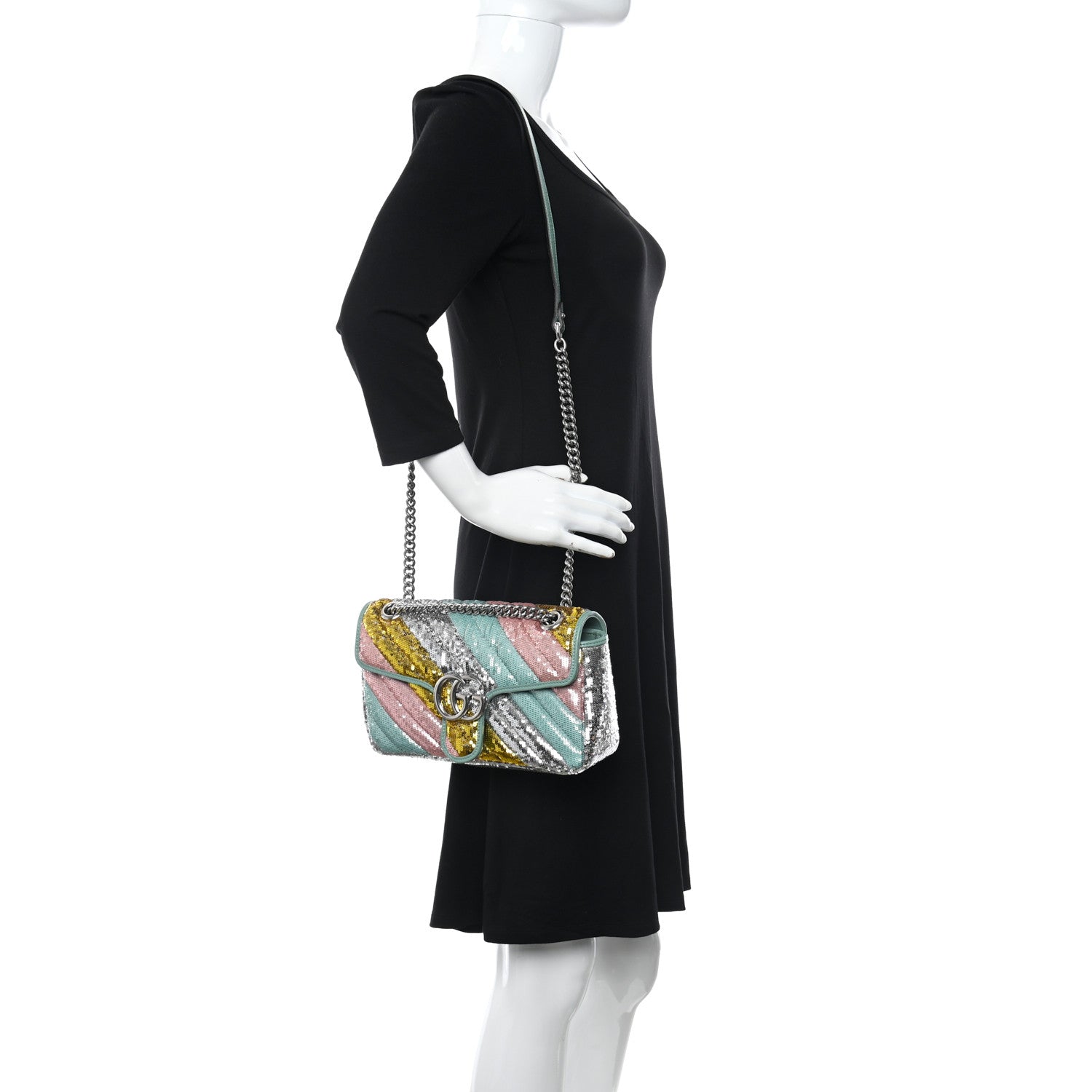 Gucci Sequin Satin Calfskin Matelasse Diagonal Small GG Marmont Shoulder Bag Grigio Argento Verde Chiaro Rosa Giallo Light Water Green 2 of 8