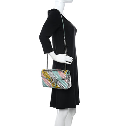 Gucci Sequin Satin Calfskin Matelasse Diagonal Small GG Marmont Shoulder Bag Grigio Argento Verde Chiaro Rosa Giallo Light Water Green 2 of 8