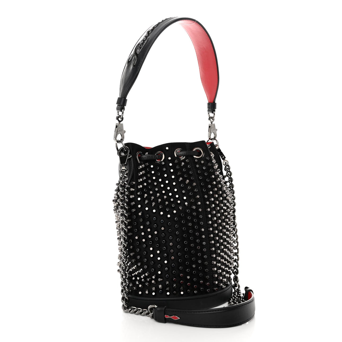 Silk Satin Calfskin Marie Jane Loubirun Studded Bucket Black