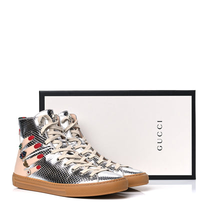 Gucci Calfskin Snake Embossed Embellished High Top Sneakers 41 Silver 12 of 12
