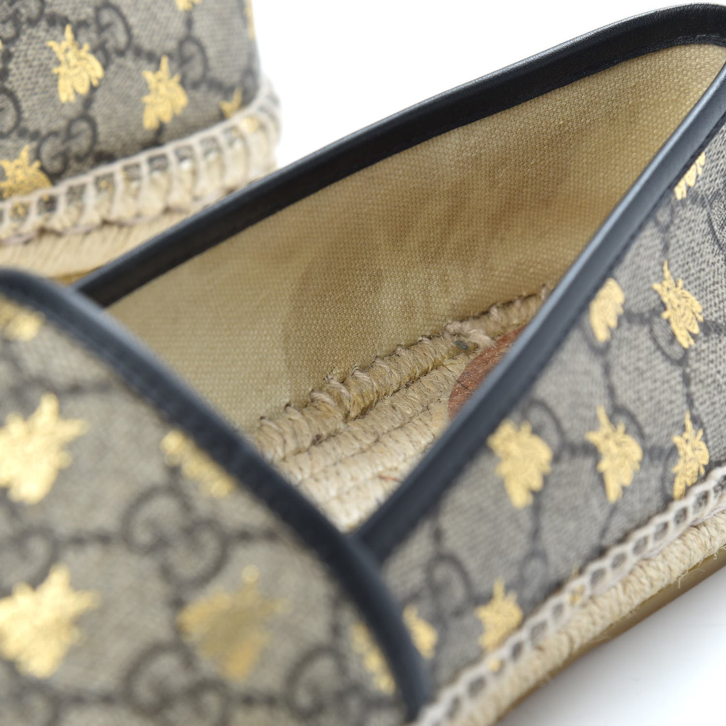 GG Supreme Monogram Bees Espadrille Flats 38.5 Beige Ebony Oro Black