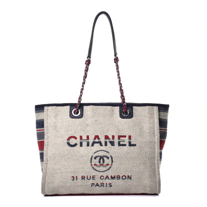 Chanel Striped Canvas Small Deauville Tote Beige 1 of 8