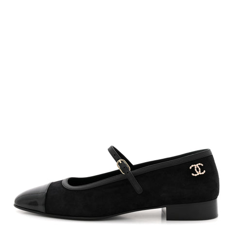Suede Kidskin Lambskin Patent Calfskin Crystal CC Cap Toe Flats 40 Black