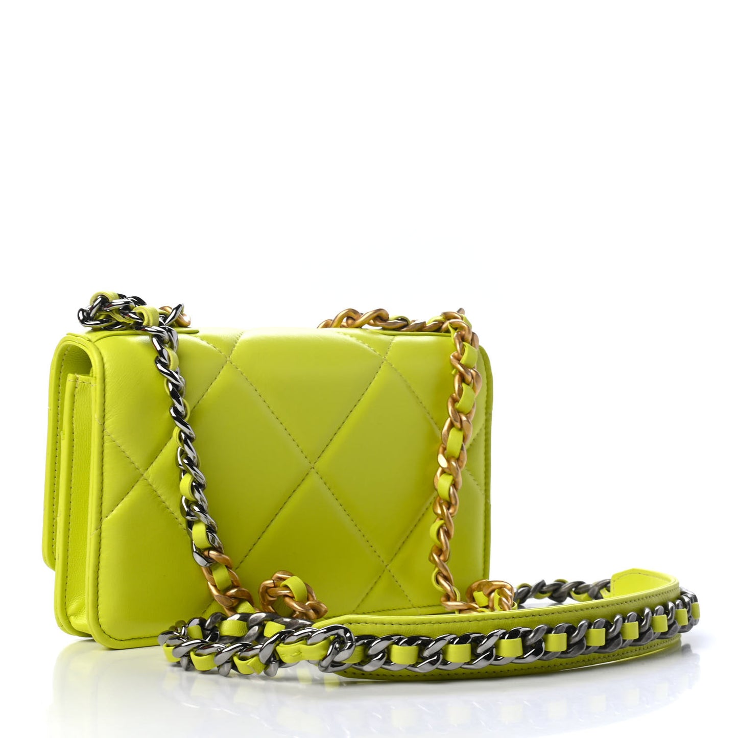 Shiny Lambskin Quilted Chanel 19 Wallet On Chain WOC Neon Yellow