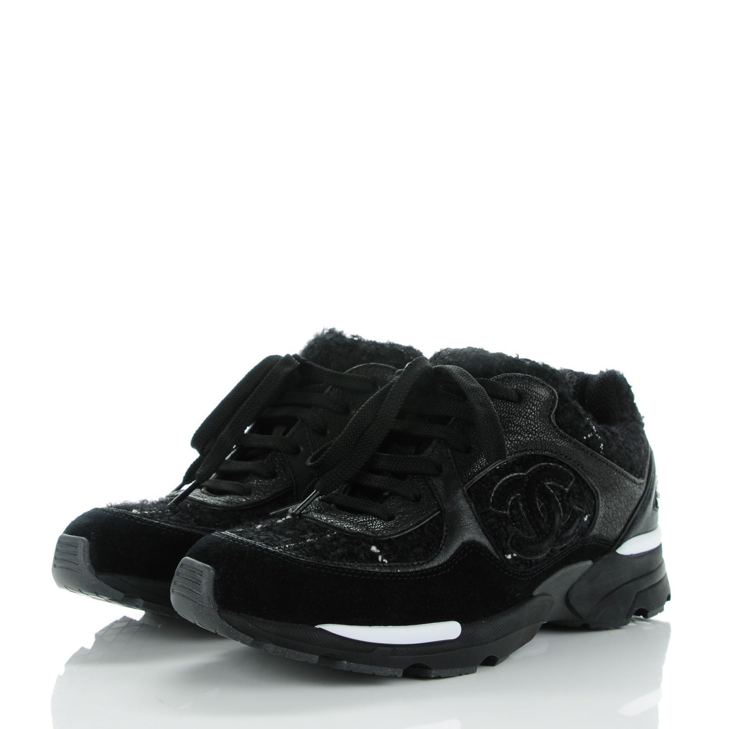 Tweed Suede Goatskin CC Sneakers 35.5 Black White