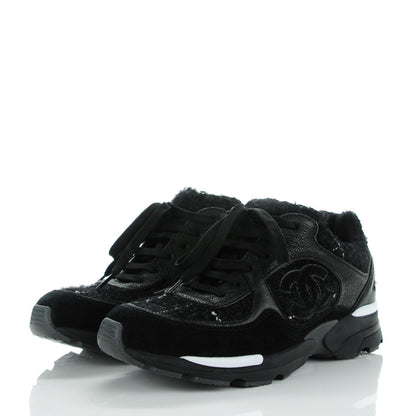 Chanel Tweed Suede Goatskin CC Sneakers 35.5 Black White 3 of 8