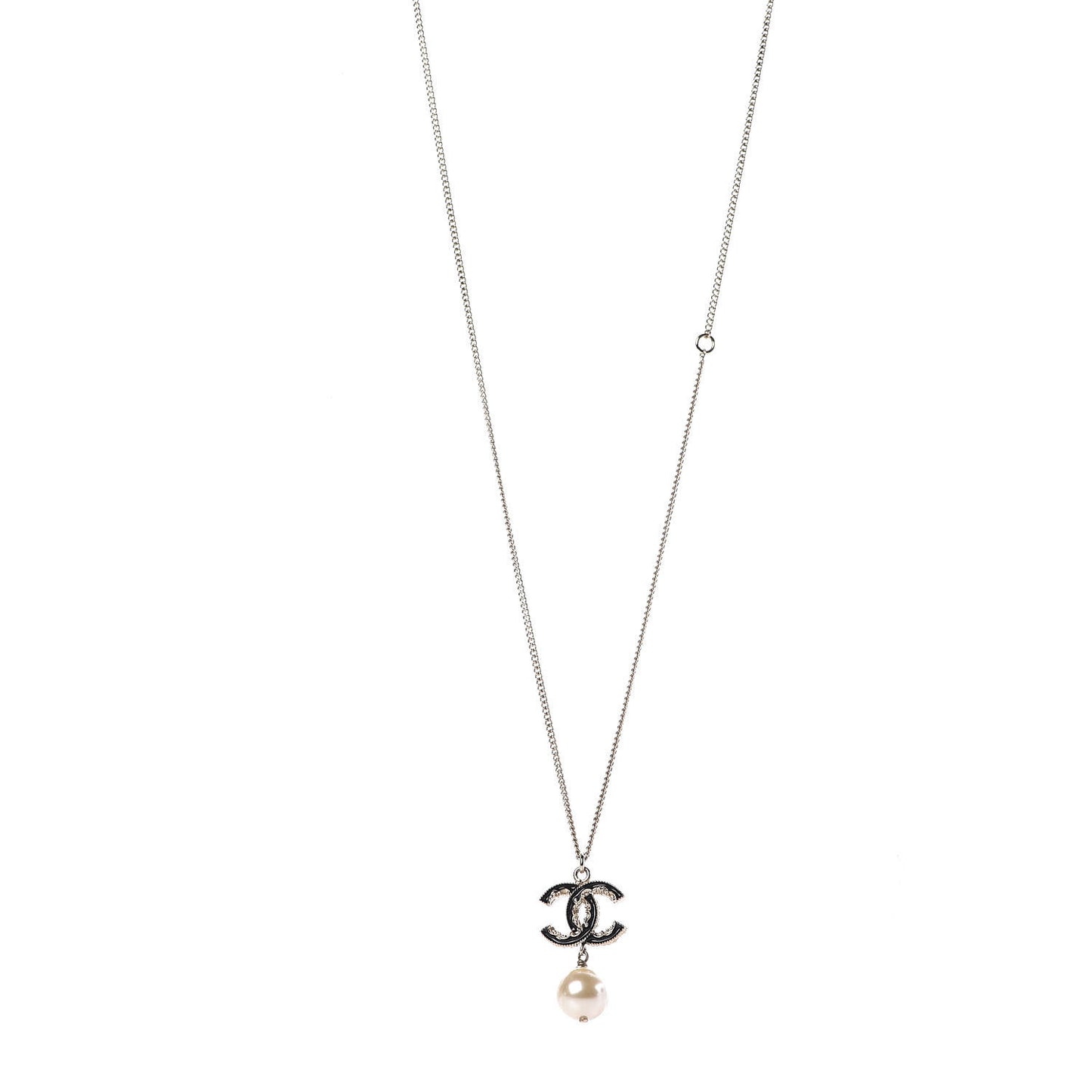 Enamel CC Baroque Pearl Drop Necklace Black Gold