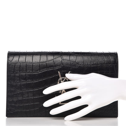 Saint Laurent Calfskin Crocodile Embossed Classic Kate Monogram Clutch Black 2 of 8