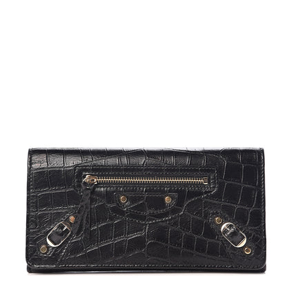 Balenciaga Calfskin Crocodile Classic Hardware Embossed Money Wallet Black 1 of 6
