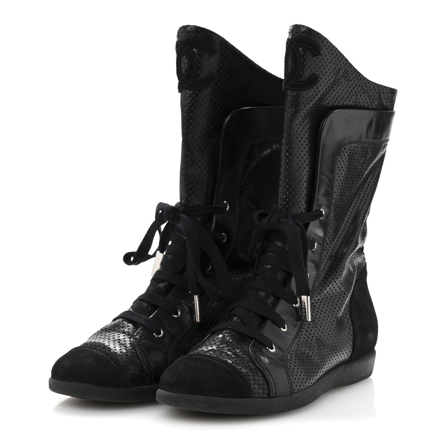 Chanel Perforated Lambskin High Top CC Sneaker Boots 36.5 Black 4 of 10